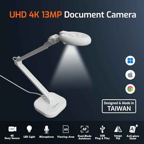 INSWAN INS?2 4K USB Document Camera ? 13MP, Dual Auto?Focus, LED Light and Microphone, Plug & Play, Mac, Windows, iPad, Chromebook, A3 Capture ? Ideal for Teachers and Classrooms