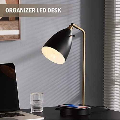 Black Table Lamp with Wireless Charger, Super Bright LED Desk Lamp for Dorm, Industrial Desk Lamps for Home Office, Study Room, Children' Room, 100% Metal