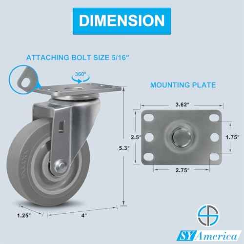 SY America 4" Caster Wheels,Industrial Casters, Heavy Duty Casters Set of 4,Non-Marking Thermoplastic Rubber Castor Wheels for Cart, Furniture and Workbench, 2 Swivel & 2 Rigid, 1200 lbs Capacity