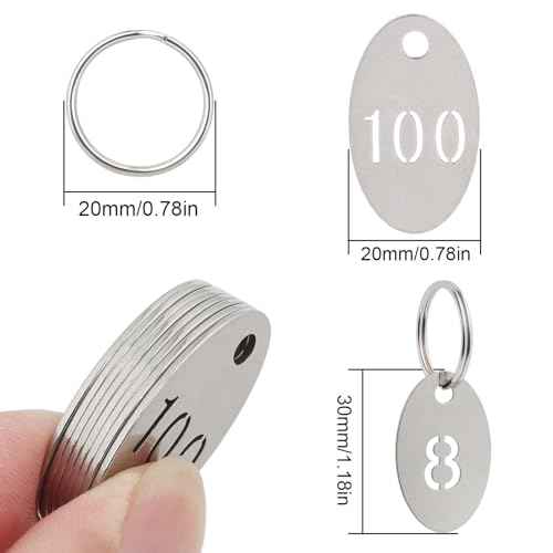 Oval Number Tags with Rings, 304 Stainless Steel Key ID Tag, Metal Numbers Keychain Tag Labels - 1 to 100