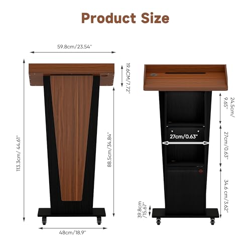 Podium Stand with Wheels & Cabinet, 15° Tilted Tabletop – Black Brown Variation