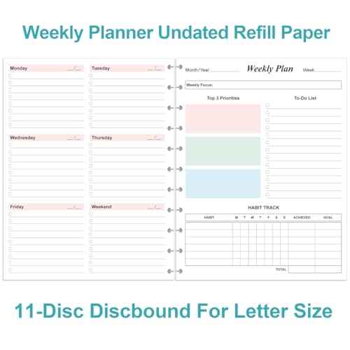 Weekly Planner Undated Refills - Letter Size 53 Sheets/106 Pages Colorful Weekly Planner for 11-Disc Discbound, TUL, 100 gsm White Paper, Lasts 1 Year, Undated, 8.5" x 11"
