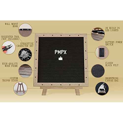 Letter Board The Original Black Felt Board with Stand, Built-in LED Lights 10 x 10 -Menu Board + Wood Frame, 340 Letters, Emojis + Cursive Words - Custom Sign Messages Pregnancy Announcement, Weddings