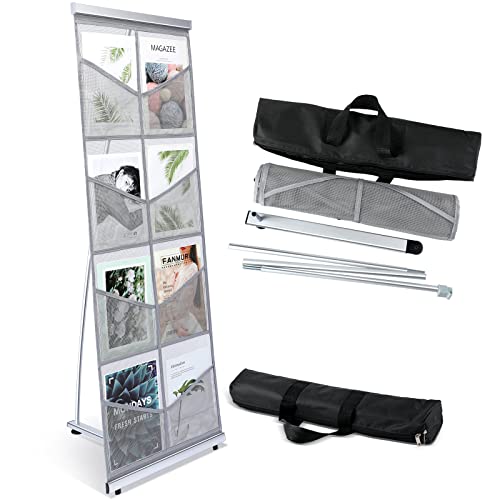 Portable Mesh Literature Holder with 8 Pockets - Floor Stand for Brochures & Magazines, Gray