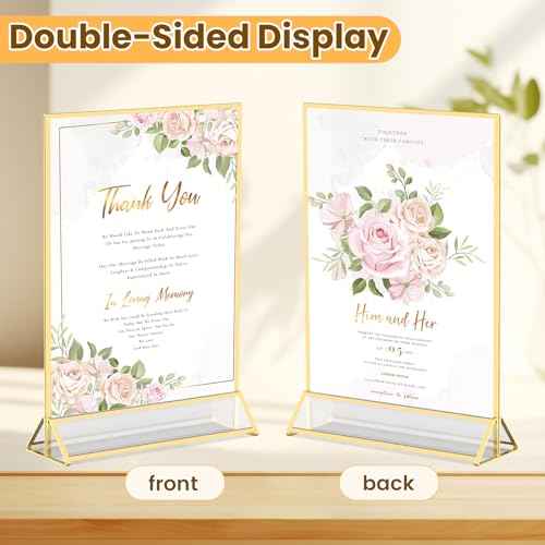 Acrylic Sign Holder 8X10 Gold Frames Double Sided Sign Stand for Picture Frames Wedding Table Number Menu Holder Flyer holder Diaplay Stand with Removable Dot Stickers -6 Pack