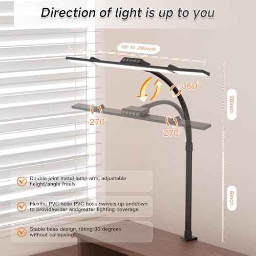 Architect Lamp with Clamp, Double Head Computer Monitor Gooseneck Desk Light with Remote Control, 24W Flexible Dimmable LED Desktop Table Lamp