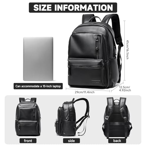 Laptop Backpack For Men Women Waterproof 15 Inch Pu Leather Black Casual Backapck For Work Business Travel College