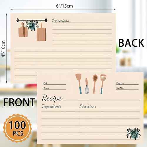 100 Sheets Recipe Cards, 4x6 Inches Double Sided Cards, Blank Cardstock Cards for Recording Recipes, Kitchen Diaries, Bridal shower, Banquet Preparation