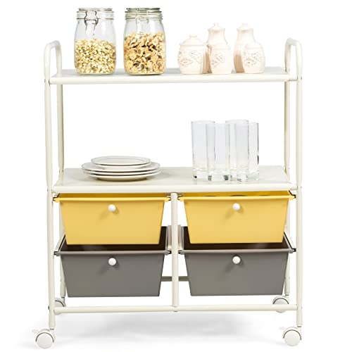 COSTWAY 4-Drawer Storage Cart, Mobile Storage Organizer w/Steel Frame & 360¡Æ Wheels, 4-Drawer Utility Cart for Living Room, Kitchen, Bathroom & Office, Yellow & Gray