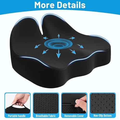 Seat Cushion, Memory Foam Office Chair Cushions, Ergonomic Curved Design for Sciatica, Tailbone, Coccyx, Seat Support for Car, Desk Chair, Wheelchair, Enhances Long Sitting Comfort (Black)