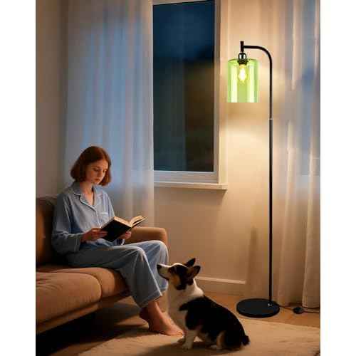 Lightdot 64IN Glass Floor Lamp for Living Room, Modern Standing Lamps with Green Ribbed Glass Lampshade, Industrial Floor Lamp for Bedroom Office-Black