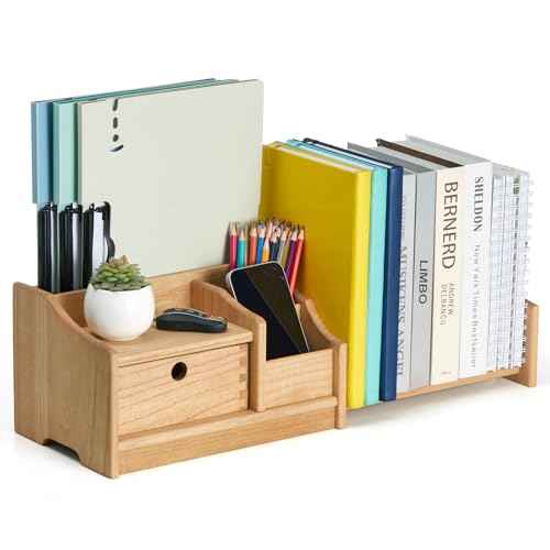 KIRIGEN Desktop Adjustable Organizer Storage Book Shelf with Drawer Wooden Desk Bookcase Workplace Storage Station Expandable Book Rack Fully Assembled SSSJ-S-NA