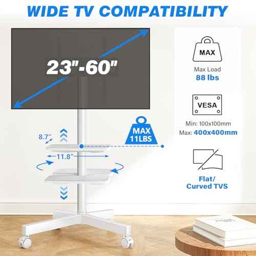 Rfiver Mobile TV Stand for 23-60 Inch LCD LED Flat/Curved Panel Screen TVs up to 88 lbs, Rolling TV Stand with Adjustable Shelf & Tilt, Portable Floor Stand on Wheels for Bedroom, Living Room, White