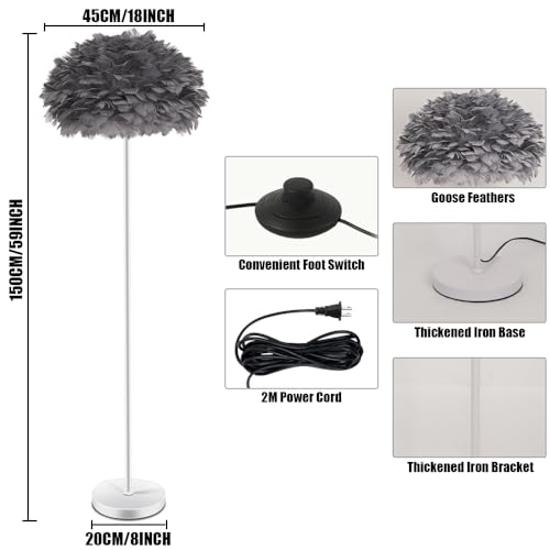 Modern Grey Feather Floor Lamp,Tall Standing Lamp for Living Room,Bedroom,Office Decor with Goose Feather Shade,Stable Metal Base, Eye-Friendly Soft Light,Foot Switch,59 Inch Height