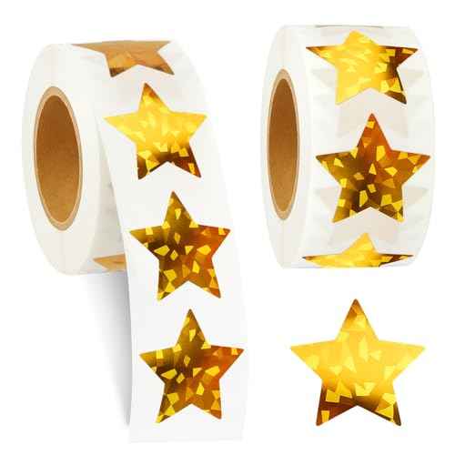 1000 pcs Star Stickers for Kids Reward, Holographic Gold Stars Stickers, 2 Rolls Sparkly Foil Star Stickers for Behavior Chart, Student Planner, School Classroom Students Teacher Supplies (1 inch)