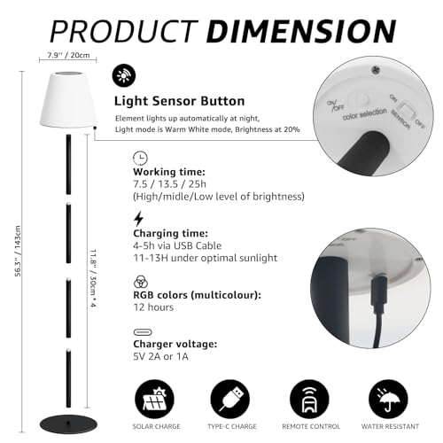 Solar Outdoor Floor Lamp USB Rechargeable Cordless Dimmable RGB Warm White LED Lights for Yard Garden Patio Round Base 59 inch Black