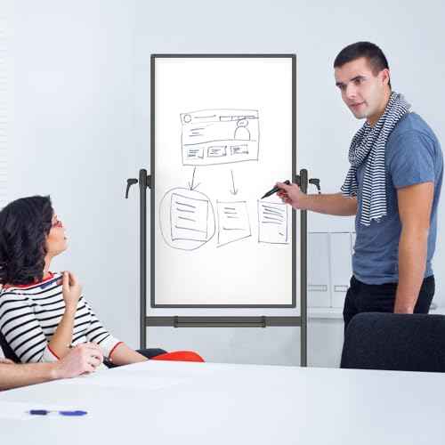 VIZ-PRO Double-Sided Magnetic Mobile Whiteboard, 48 x 24 Inches, Black Aluminium Frame and Stand
