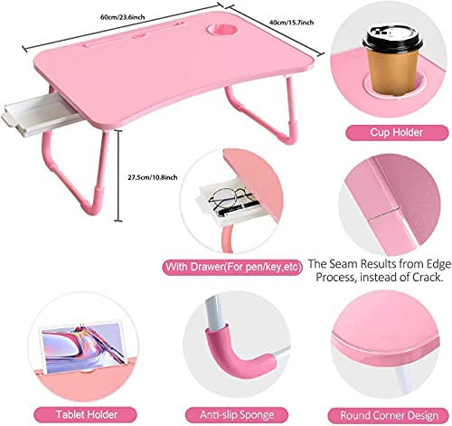 Pink Foldable Laptop Desk Bed Tray with Storage Drawer & Cup Holder