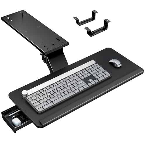 Keyboard Tray Under Desk with Storage Drawer, Height Adjustable Keyboard Tray Slide Out Swivel Tilt, Ergonomic Under Desk Mount Keyboard & Mouse Holder for Gaming Home Office, 25x11'', Black