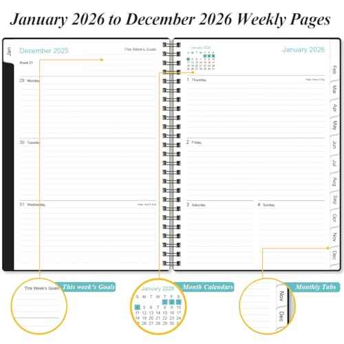 Planner 2026 - A5 Weekly & Monthly Planner Spiral Bound, January 2026 - December 2026, with Flexible Cover, Tabs, Inner Pocket, 6.4" x 8.5", Black