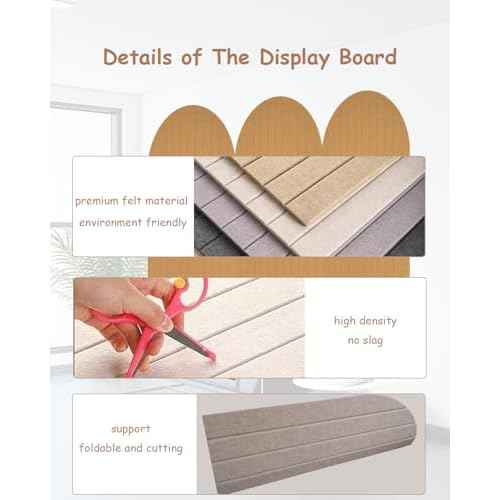 Foldable Bulletin Board, 0.35" Thick Felt Wall Tiles, Large Cork Board with Adhesive Sticker, Round Edges Wall Panels for Office Bedroom Living Room, Decorative Board (Beige, 47x24 inches)