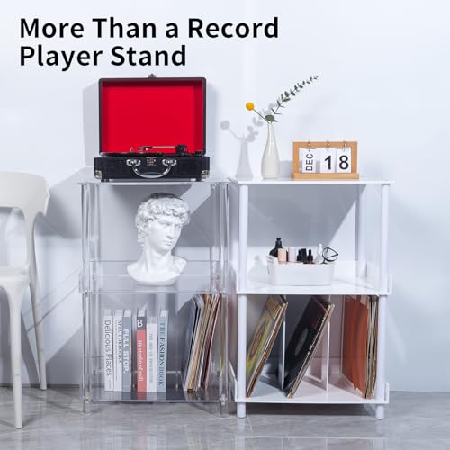 Antilope 18x14 White Acrylic Record Player Stand with Vinyl Storage, 3 Tiers Turntable Stand Holder Up to 200 Albums, Large Record Player Table Cabinet Organizer for Living Room Bedroom Corner