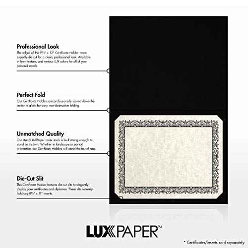 LUXPaper 9.5" x 12" Certificate Holders | Black Linen | Embossed Gold Foil Border | 100lb. Cover | 25 Qty