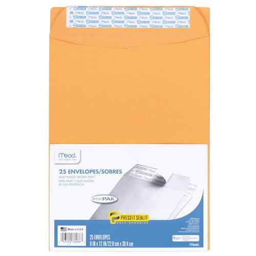 Mead Envelopes, Letter Size 9" x 12", Press-It Seal-It Self Adhesive Closure, Brown Kraft All-Purpose 24-lb Paper, Manila Mailing Envelopes, 25 Count (76086)