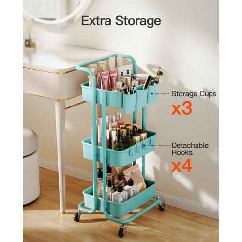 Pipishell 3 Tier Rolling Cart with Wheels - Rolling Storage Cart with 3 Hanging Cups & 4 Hooks - Art & Craft Carts Organizer for Office, Kitchen, Craft Room, Bedroom, Laundry Room (Turquoise)