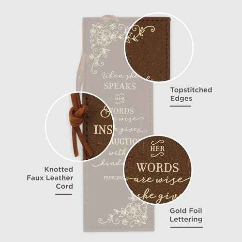 Christian Art Gifts Premium Vegan Faux Leather Scripture Bookmark for Women: When She Speaks - Proverbs 31:26 Inspirational Bible Verse, Heat-Debossed, Faith-Based Reading Accessory with Cord, Brown
