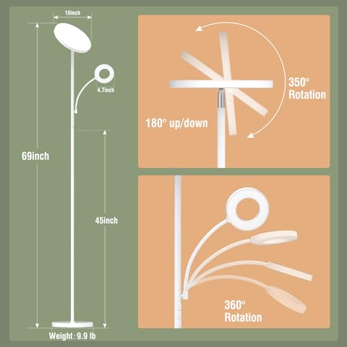 White Floor Lamp, 42W 4000LM Super Bright LED Room Lamp with Adjustable Reading Light,Dimmable Modern Standing Lamp with Remote & Touch Control for Room Bedroom Office Floor Light