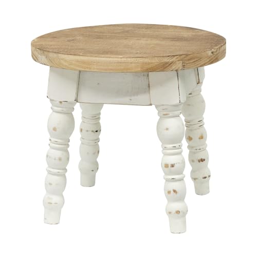 JUMBO DECOR Whitewashed Round Wooden Step Stool for Kids & Adults – Farmhouse Plant Stand, 11.8 in
