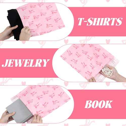 200 Pack 10x13 Pink Bow Poly Mailers Set Waterproof Self Adhesive Cute Shipping Bags with Thank Cards and Stickers Set for Small Business Large Mailing Envelopes Bulk Tear Resistant
