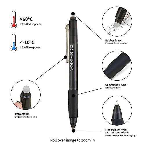 Volcanics Retractable Erasable Gel Pens Black 12 Pack, Click Erasable Gel Ink Pens for Smooth Writing & Easy Erasing, Refillable Erasable Click Pens for School Office Supplies