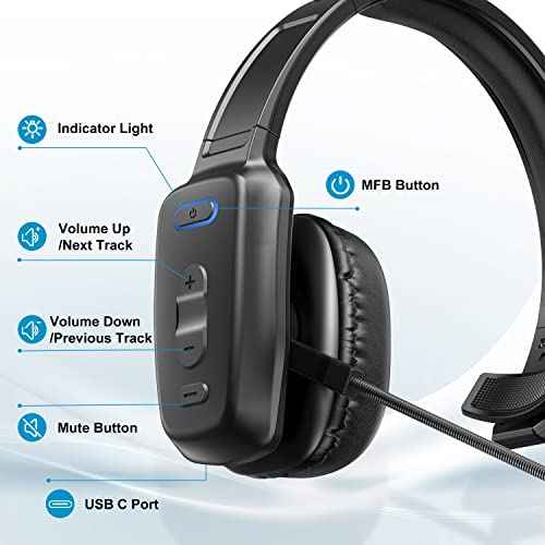 Bluetooth Headset, 60hrs Noise Canceling V5.2 Over Head Headphones, Single Ear Trucker Wireless Headset with Mic, Mute Button, Multipoint, for Phones PC Computer Truck Driver Office Work - Black