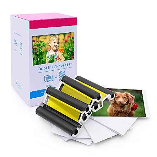 Compatible Canon Selphy CP1500 Ink and Paper KP-108IN KP108 3 Color Ink Cartridges and 108 Sheets 4x6 Photo Paper Glossy for Canon Selphy CP1500, CP1300, CP1200, CP1000, Compact Photo Printers