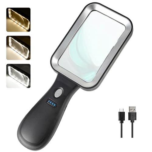 GABORISH 10X Magnifying Glass with Light - Rechargeable, Adjustable 3 Color Modes, Rectangular Lens