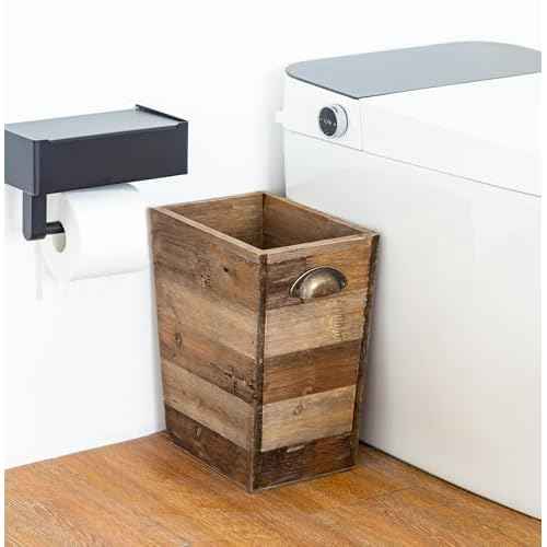Small Wood Trash Can, Farmhouse Rectangular Garbage Can Waste Basket, Rustic Distressed Reclaimed Wood Wastebasket, Vintage Wooden Trash Recycling Bin Storage Basket with Metal Handles (Natural)