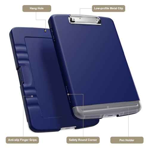 Piasoenc Clipboard with Storage, 8.5 x 11 Organization Box with Pen Holder and A4 Legal Paper Folder, Heavy Duty Plastic, Folio & Side-Opening, Low Profile Clip for Nurses, Teachers,Navy Blue