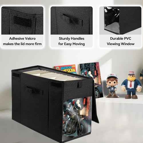 4 Pack Comic Book Storage Box with Lid for Modern Age, Collapsible Magazine Organizer with Clear Window, Holds 150 Comic Books Heavy Duty Case Container Holder, Black