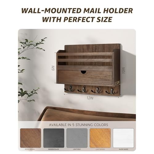 Rebee Vision Farmhouse Wood Mail Organizer Wall Mount - Key and Mail Holder for Wall with Storage Drawer and 7 Key Hooks - Rustic Home Decor for Entryway, Office and Garage (Retro Brown)