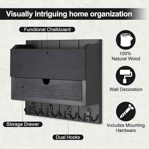 Mail and Key Holder Wall Mount with Storage Drawer ? Modern Wooden Mail Organizer for Wall Entryway, 7 Key Hooks & Chalkboard Panel ? Stylish Home Decor for Apartments, Living Room, Office