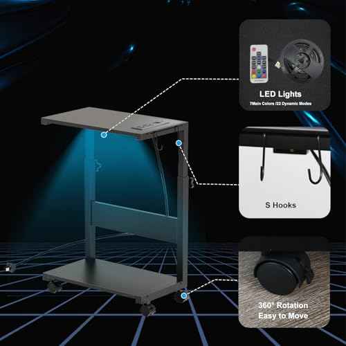 Computer Tower Stand with LED Light Strip,Mobile Rolling CPU Holder,Height Adjustable PC Tower Stand with Charging Station for Office Home (Black)