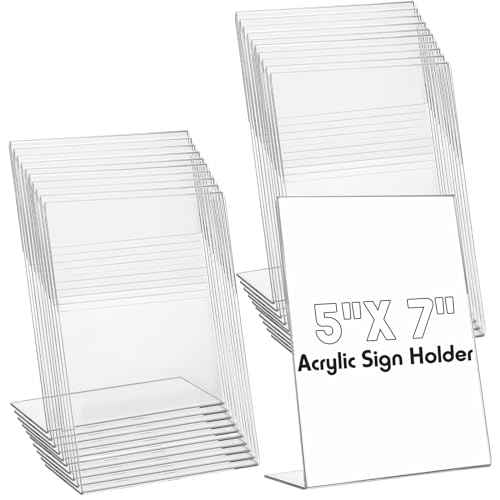 Vicenpal 40 Pcs 5 x 7 Inch Acrylic Sign Holder Acrylic Picture Frames Plastic Picture Flyer Holder l Shaped Photo Frames Self Standing Desktop Table Signs for Office, Store, Restaurant, Vertical
