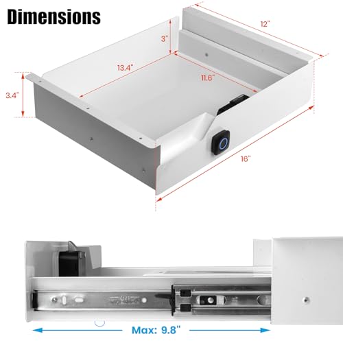 Lumil Under Desk Drawer with Lock, 16 inch Under Desk Storage Drawer, Under Desk Mounted Pull Out Drawer with Biometric Lock