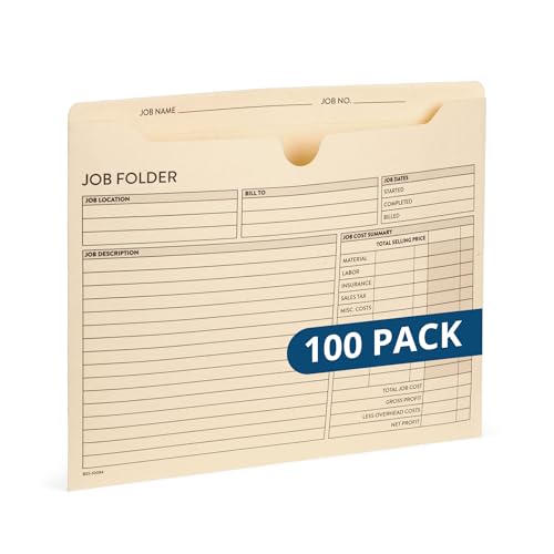 100 Blue Summit Supplies Job Folders Construction, 10 x 12 Inches, Project Folders with Preprinting for Job Tracking, Manila Job Folders File Jacket ? 100 Folders