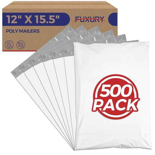 Fuxury Poly Mailers 12x15.5" 500Pcs Bulk Heavy Duty Shipping Bags for Clothing, Strong Adhesive Sealing Shipping Envelopes,Tear-resistant Postal Mailing Poly Bags for Books,Business (White)