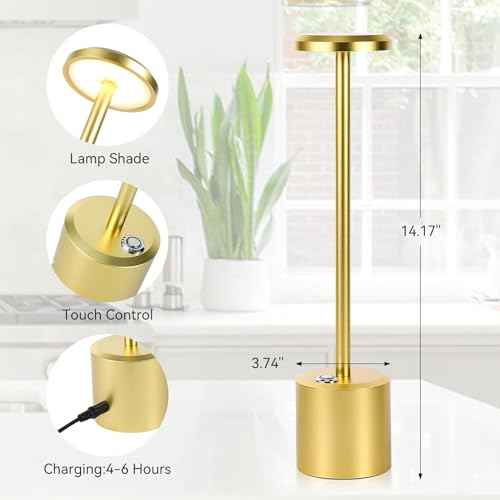 Rechargeable LED Wireless Touch Desk Lamps Set of 2, 5000mAh Battery Operated Lamp, 3 Color Modes with Memory Function and Stepless Dimming Desk Lamp for Restaurant/Bedroom/Terrace (Gold)