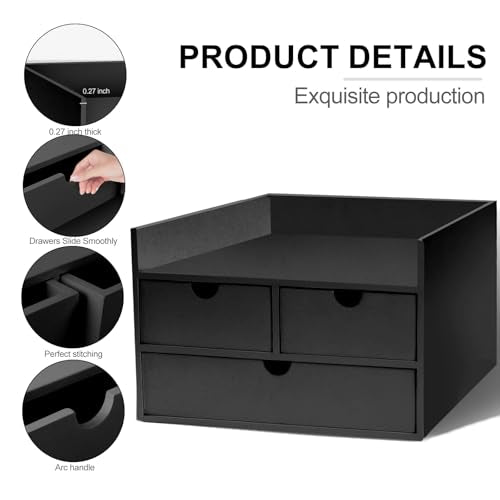 Bamboo Desk Organizer 3 Drawer with Shelf, Countertop Organizer with Drawers Makeup Storage Drawer 3 Drawers Tabletop Storage Organization Box Home Office Workspace£¨Black£©