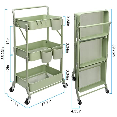 Foldable 3 Tier Rolling Cart, Metal Utility Cart, Folding Mobile Multi-Function Storage Trolley Organizer Cart for Home Library Office(Green)
